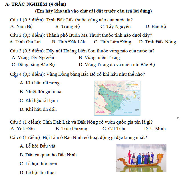 Đề thi cuối học kì 1 môn Lịch sử lớp 4
